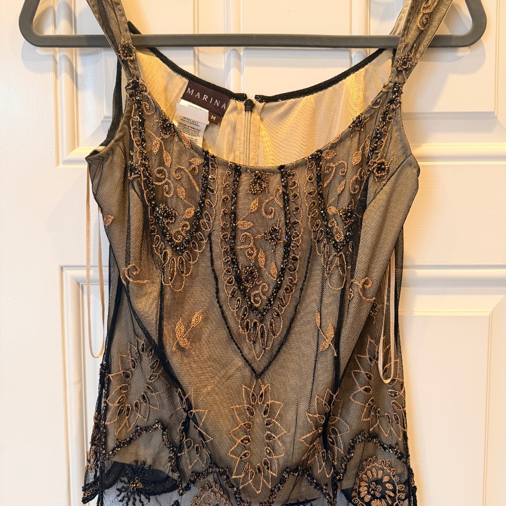 Marina Black & Gold Beaded Art Deco Sheer Mesh Top M